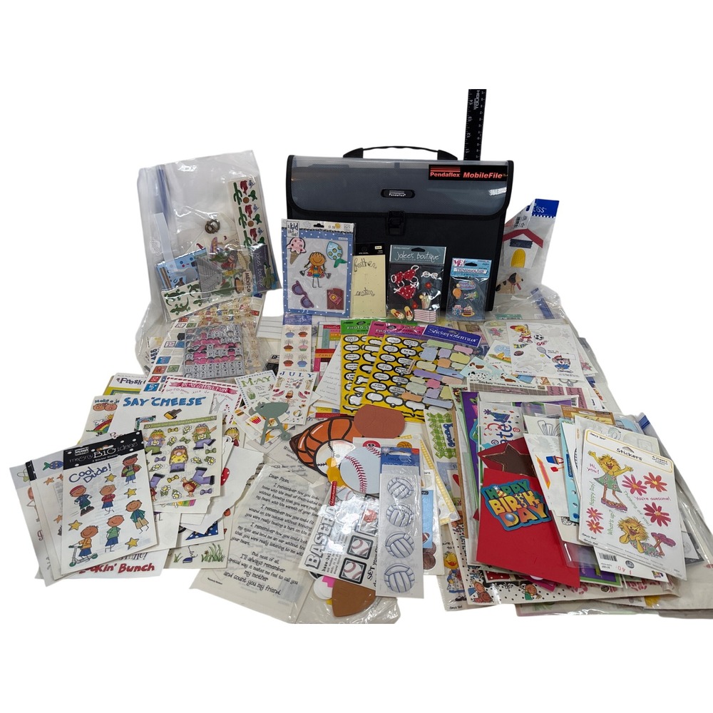 Scrapbook Supplies Lot Pendaflex Case Sports Kids Birthday Stickers Craft Kit